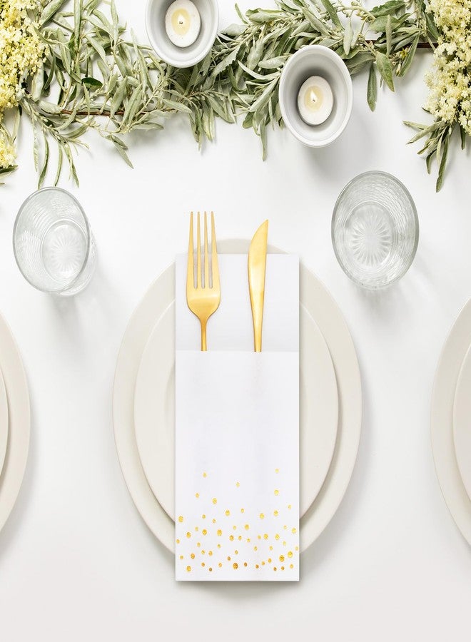 JarThenaAMCS 50Pcs Disposable Linen-Feel Dinner Napkins with Built-in Flatware Pockets White Gold Foil Dots Prefolded Cloth Like Paper Napkin with Cutlery Pouch for Dining Party Table Service Decor - Image 5